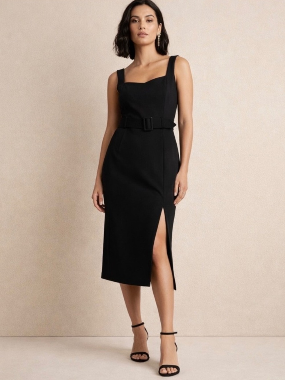 Banana Republic Black Square-Neck Belted Midi Dress with Side Slit